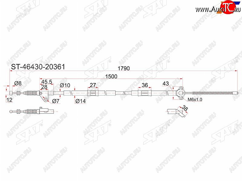 1 089 р. Трос ручника RH SAT  Toyota Caldina ( T190,  T210) - Corona SF  T190 (барабанные тормоза)  с доставкой в г. Екатеринбург