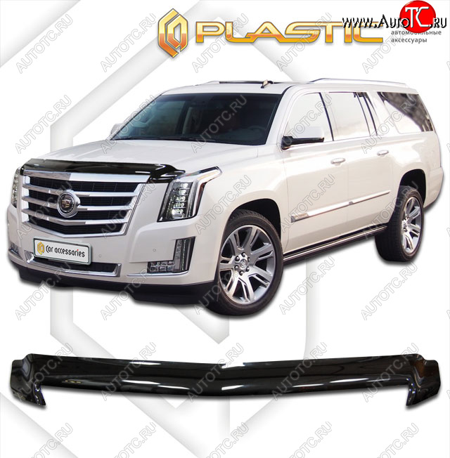 2 009 р. Дефлектор капота CA-Plastic  Cadillac Escalade  GMTK2 джип 5 дв. (2015-2020) короткая база (Classic прозрачный, с надписью)  с доставкой в г. Екатеринбург