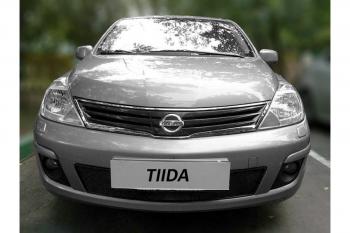 799 р. Зимняя заглушка решетки радиатора Стрелка11 Nissan Tiida 1 хэтчбек C11 рестайлинг (2010-2014) (черная)  с доставкой в г. Екатеринбург. Увеличить фотографию 2