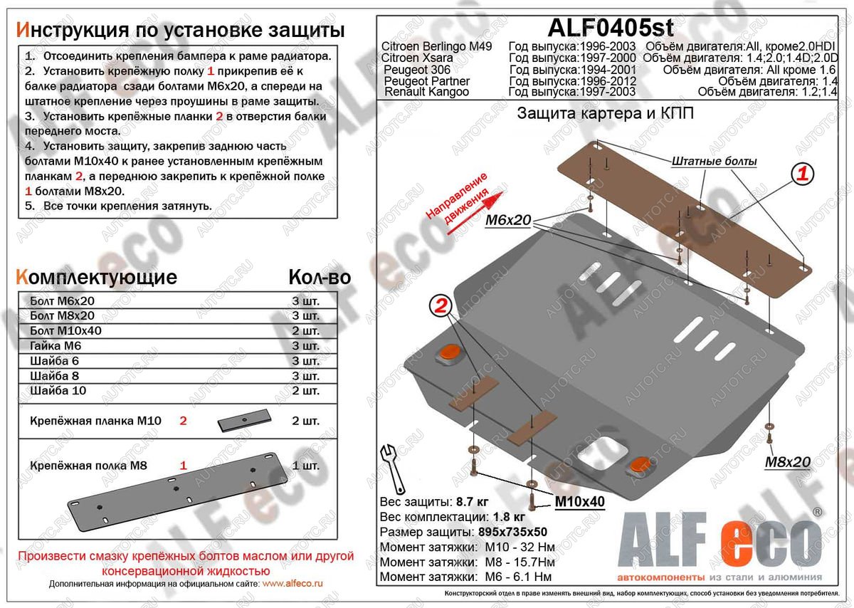 4 699 р. Защита топливного бака (V-1.4) ALFECO  Peugeot Partner Origin  минивэн (1996-2012) (сталь 2 мм)  с доставкой в г. Екатеринбург