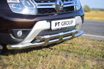 Защита переднего бампера двойная с пластинами из труб d63/63 мм Petroil Tuning Renault Duster HS рестайлинг (2015-2021)  (Нержавеющая полированная сталь)