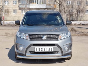 Защита переднего бампера (2 трубы Ø63 и 75х42 мм, нержавейка) Russtal Suzuki Vitara LY дорестайлинг (2015-2019)