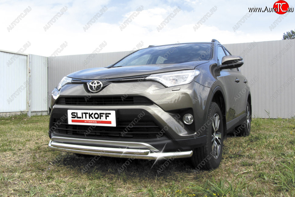 13 699 р. Защита переднего бампера Slitkoff (Ø57 и 42 мм) Toyota RAV4 XA40 5 дв. рестайлинг (2015-2019) (Нержавейка полированная)  с доставкой в г. Екатеринбург