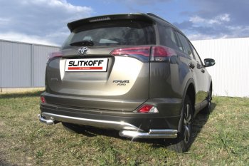 10 849 р. Защита заднего бампера Slitkoff (d57 и 42 мм, уголки)  Toyota RAV4  XA40 (2015-2019) 5 дв. рестайлинг (Нержавейка полированная)  с доставкой в г. Екатеринбург. Увеличить фотографию 1