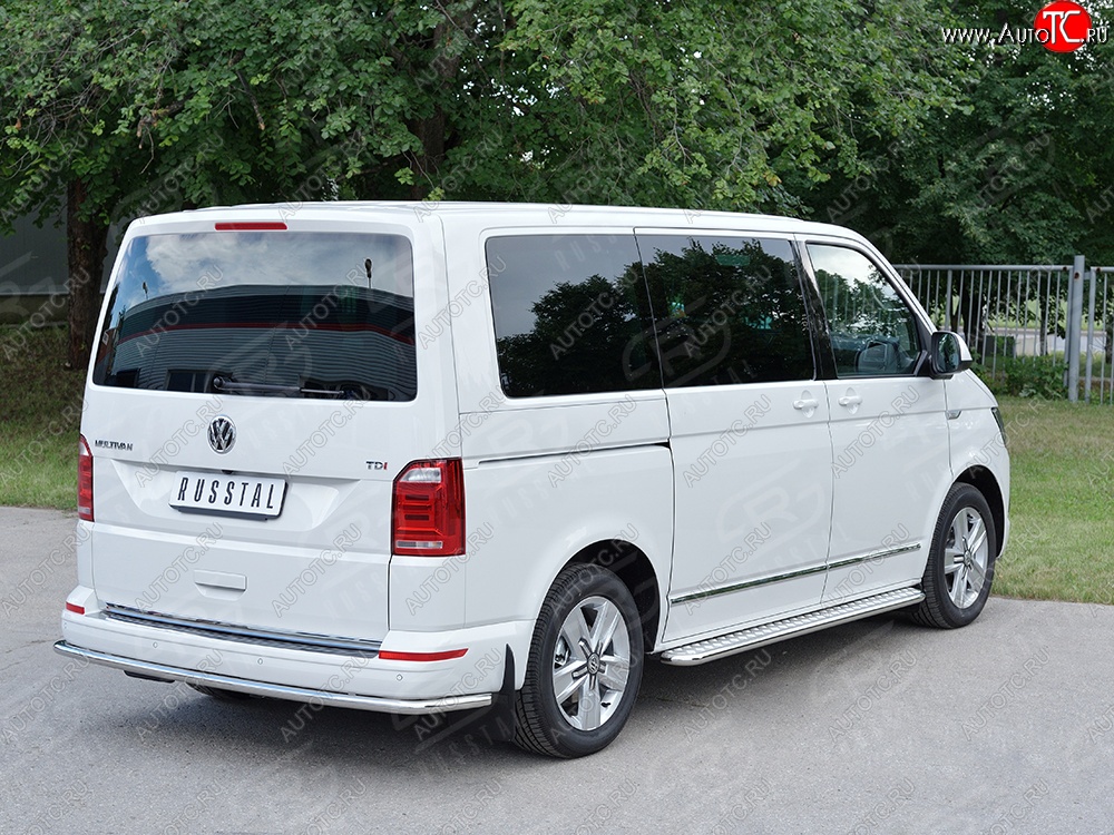 11 449 р. Защита заднего бампера (Ø42 мм, нержавейка, длинная версия) Russtal Volkswagen Transporter T6 дорестайлинг (2015-2019)  с доставкой в г. Екатеринбург