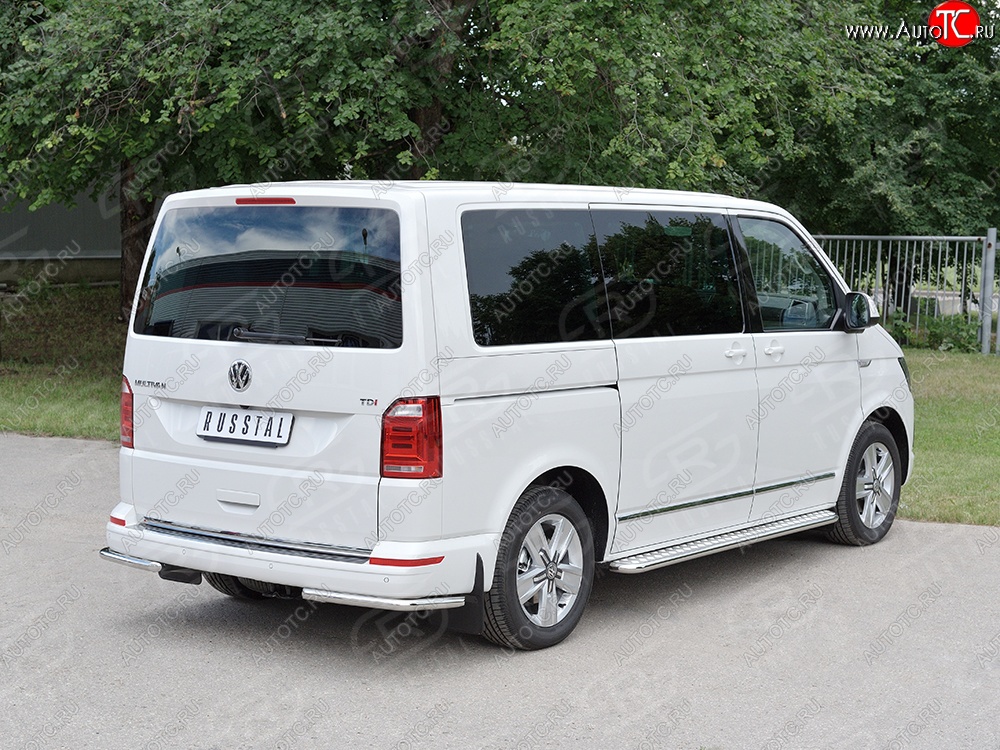 11 449 р. Защита заднего бампера (Ø42 мм, нержавейка, уголки) Russtal Volkswagen Transporter T6 дорестайлинг (2015-2019)  с доставкой в г. Екатеринбург