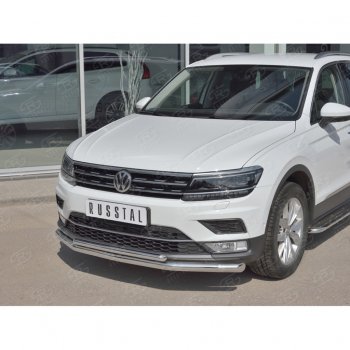 10 899 р. Защита переднего бампера (2 трубы Ø63 и 42 мм, нержавейка) Russtal Volkswagen Tiguan Mk2 дорестайлинг (2016-2020)  с доставкой в г. Екатеринбург. Увеличить фотографию 2