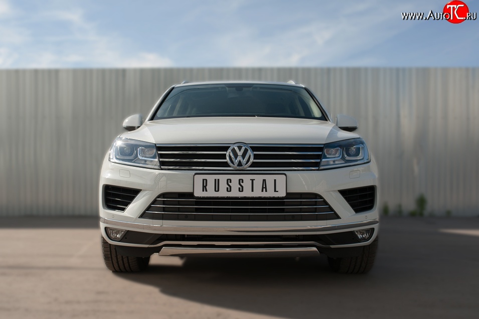 15 649 р. Защита переднего бампера (Ø75х42 мм, нержавейка) Russtal Volkswagen Touareg NF рестайлинг (2014-2018)  с доставкой в г. Екатеринбург